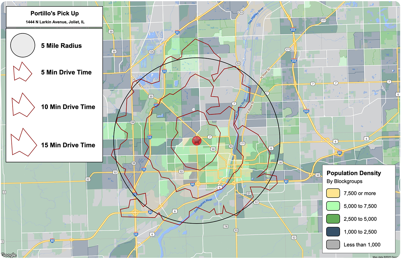 Portillos drive time map, made with REGIS Online